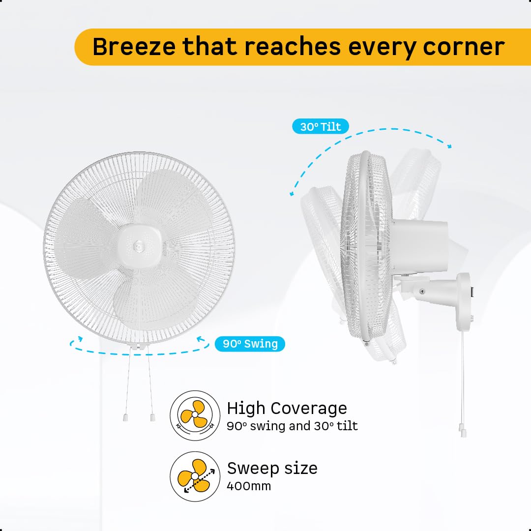 atomberg Renesa 400mm Wall Mount Fan | 5-star rated | Ideal for Home & Office | Silent BLDC Fan | 6 Speeds | 35W | Remote with Oscillation, Timer, Sleep | 2 Years Warranty