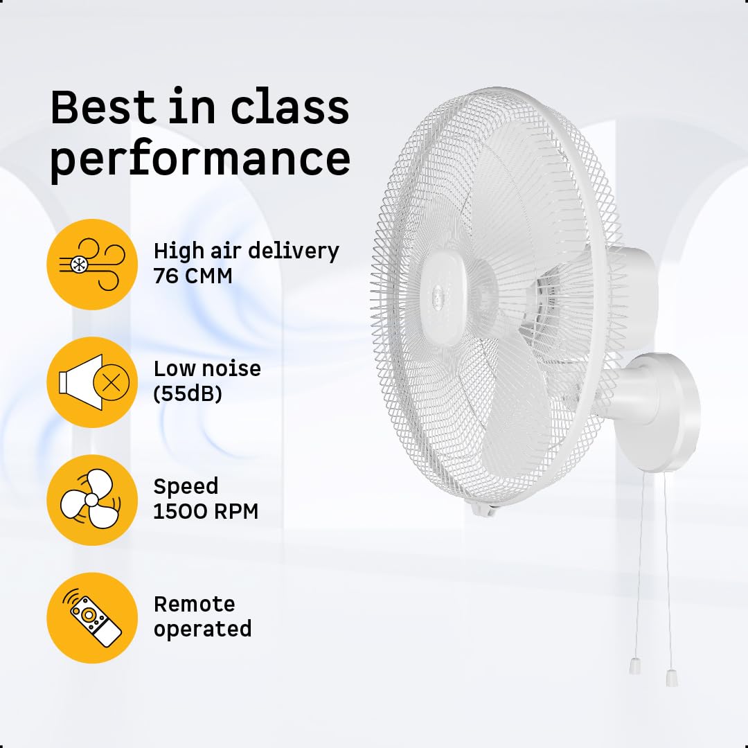 atomberg Renesa 400mm Wall Mount Fan | 5-star rated | Ideal for Home & Office | Silent BLDC Fan | 6 Speeds | 35W | Remote with Oscillation, Timer, Sleep | 2 Years Warranty