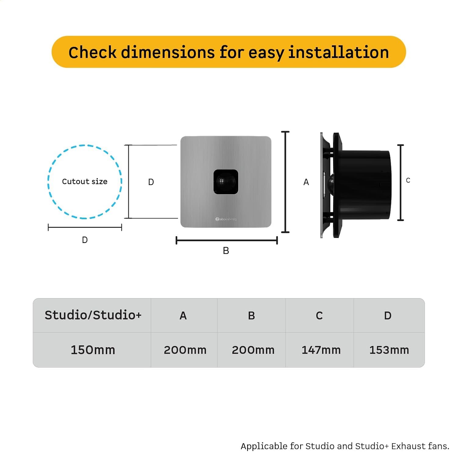 atomberg Studio+ Exhaust Fan 150mm (6 Inches) | BLDC Motor | 6.8W| Low Noise | 2000 RPM| Ideal for Bathroom& Kitchen | Easy to Clean | Installation-Round Cut (153mm) | 2 Year Warranty