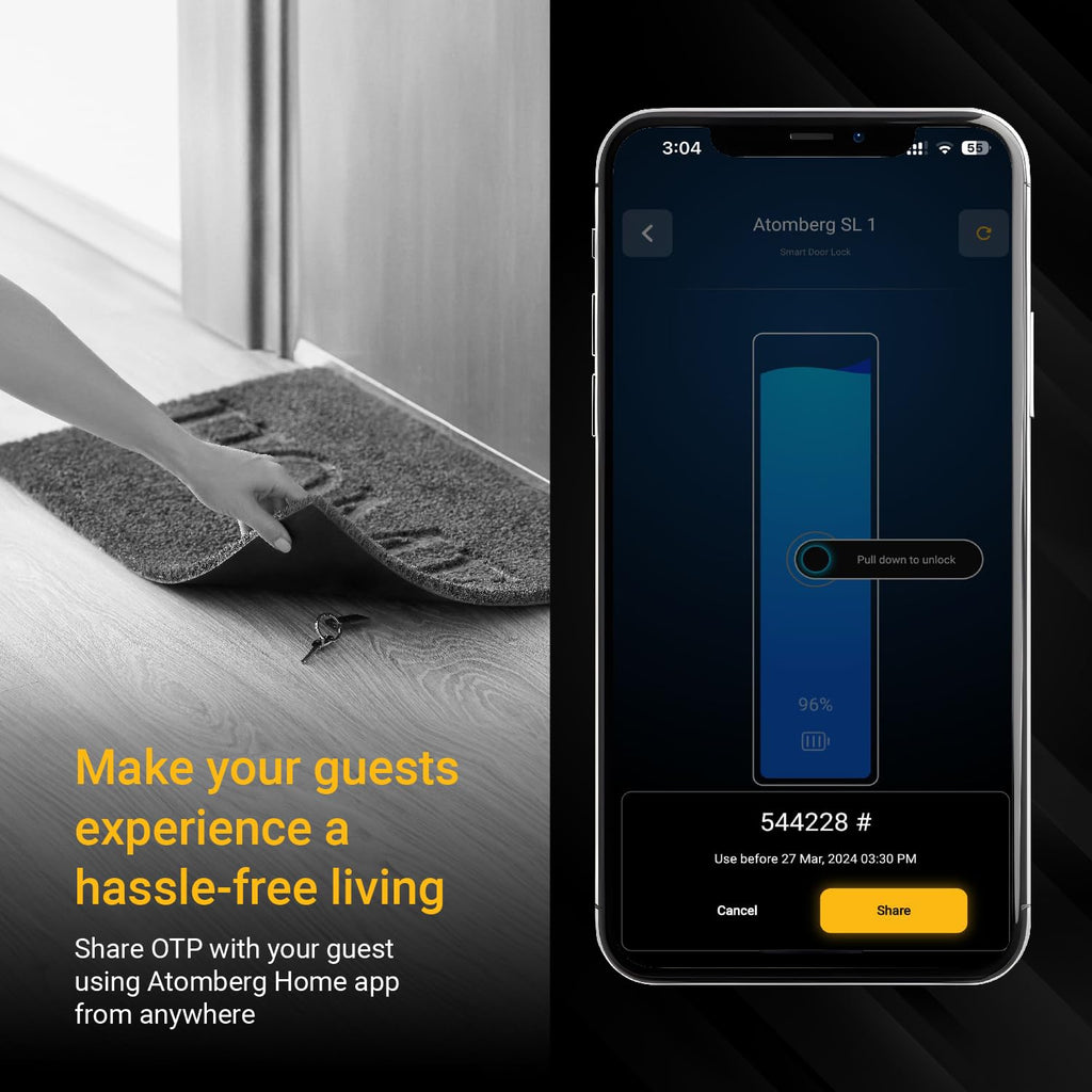 atomberg SL 1 Smart Door Lock | 6 Ways Unlocking | Fingerprint | PIN | OTP | NFC Card | Atomberg Home App (Data Stored in India)| Key | Free Installation | 2 Year Warranty by Atomberg