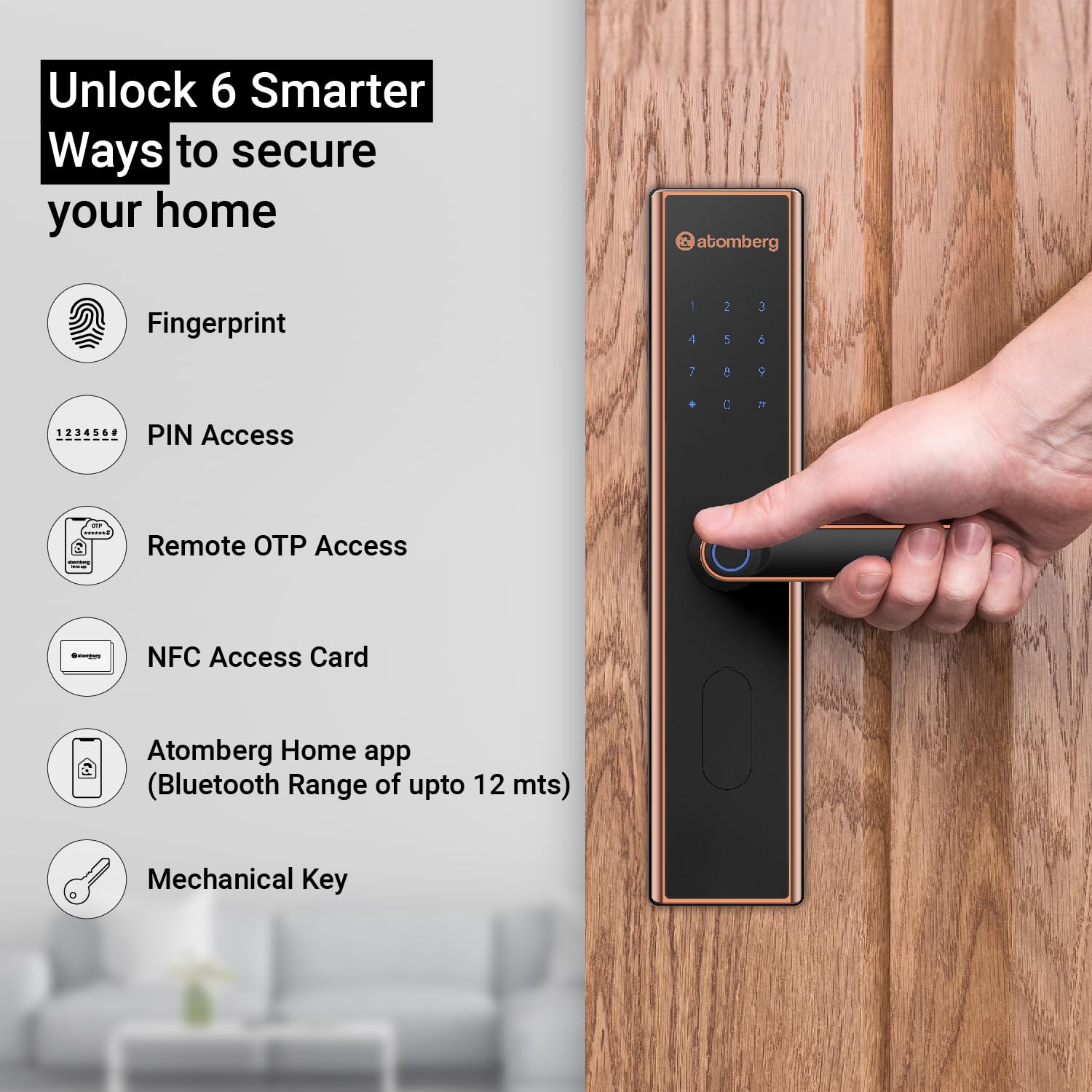atomberg SL 1 Smart Door Lock | 6 Ways Unlocking | Fingerprint | PIN | OTP | NFC Card | Atomberg Home App (Data Stored in India)| Key | Free Installation | 2 Year Warranty by Atomberg