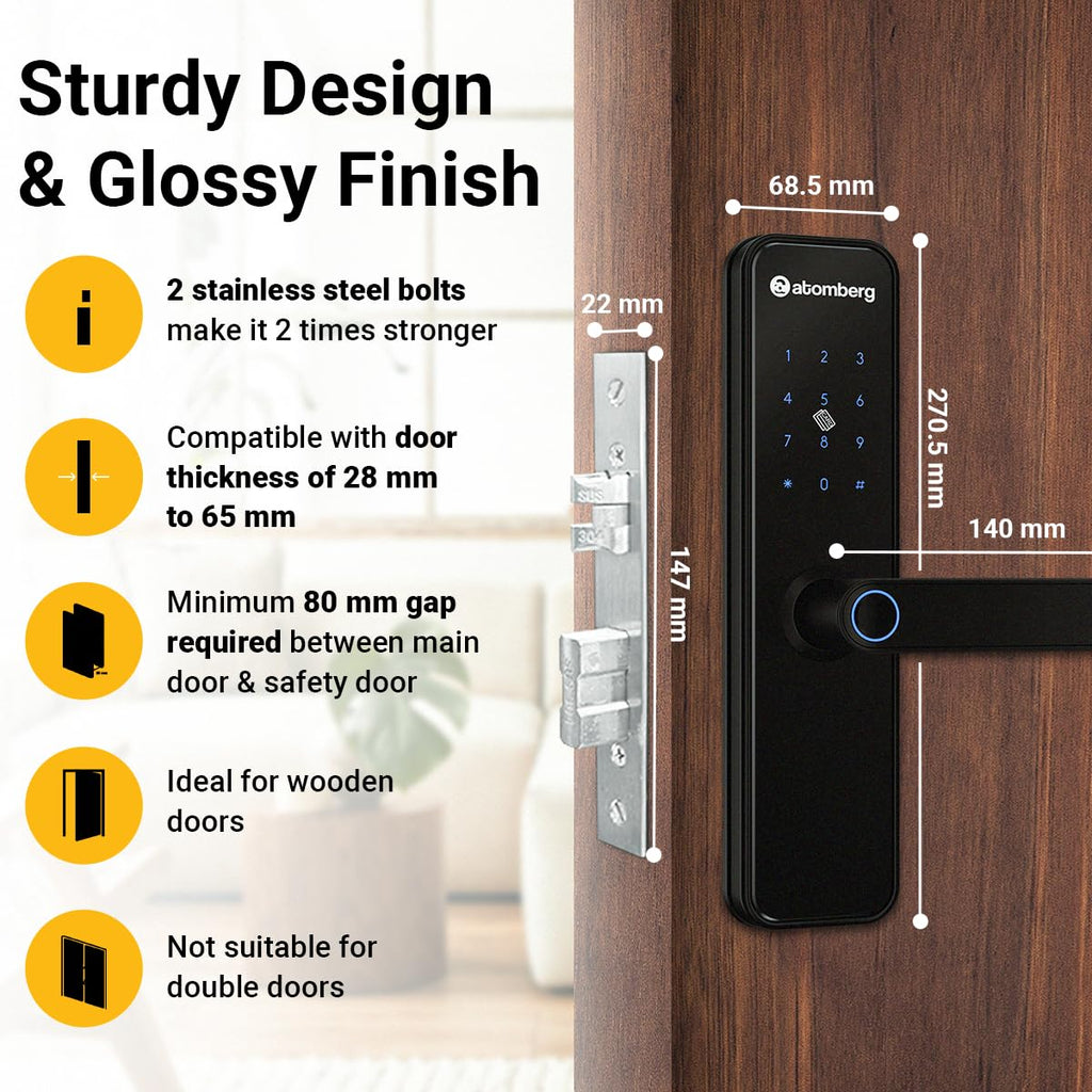 Atomberg Azhero Smart Door Lock | 6 Ways Unlocking | Fingerprint | PIN | Remote OTP | NFC Card | Atomberg App (Data Stored in India) | Key | Free Installation | 2 Year Warranty