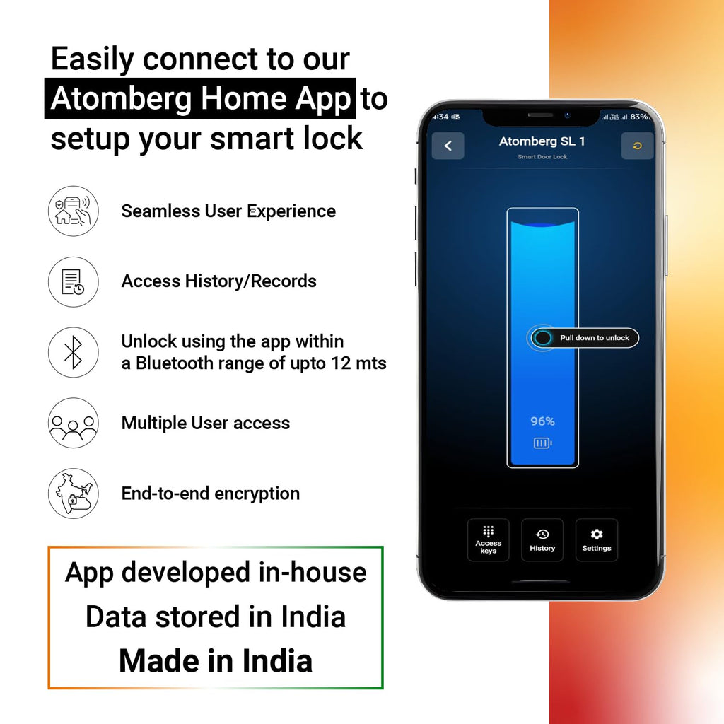 atomberg SL 1 Smart Door Lock | 6 Ways Unlocking | Fingerprint | PIN | OTP | NFC Card | Atomberg Home App (Data Stored in India)| Key | Free Installation | 2 Year Warranty by Atomberg