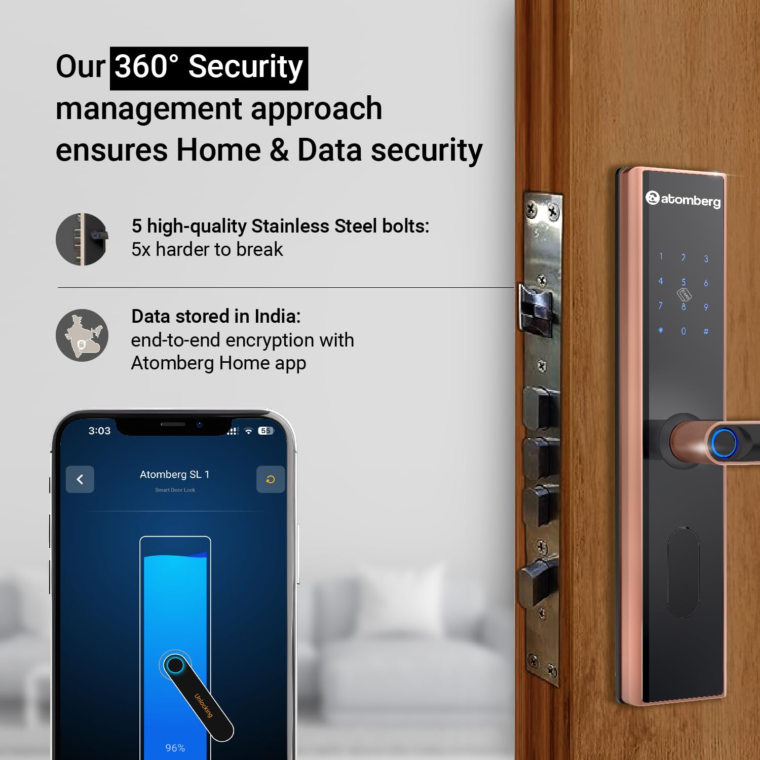 atomberg SL 1 Smart Door Lock | 6 Ways Unlocking | Fingerprint | PIN | OTP | NFC Card | Atomberg Home App (Data Stored in India)| Key | Free Installation | 2 Year Warranty by Atomberg