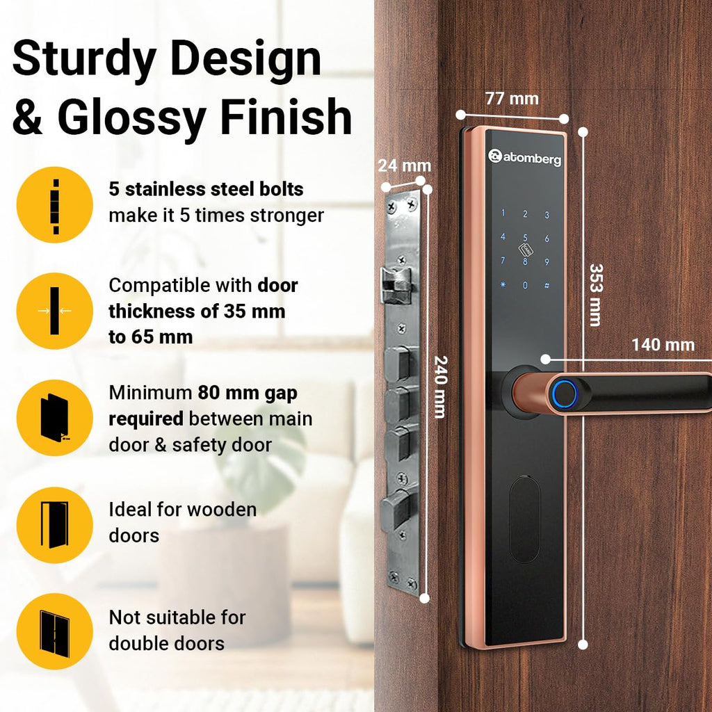 atomberg SL 1 Smart Door Lock | 6 Ways Unlocking | Fingerprint | PIN | OTP | NFC Card | Atomberg Home App (Data Stored in India)| Key | Free Installation | 2 Year Warranty by Atomberg
