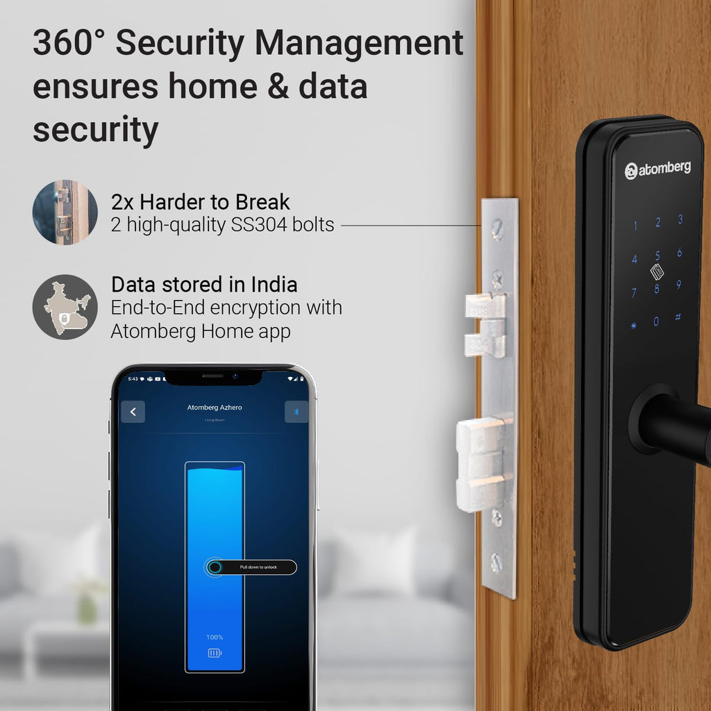 Atomberg Azhero Smart Door Lock | 6 Ways Unlocking | Fingerprint | PIN | Remote OTP | NFC Card | Atomberg App (Data Stored in India) | Key | Free Installation | 2 Year Warranty