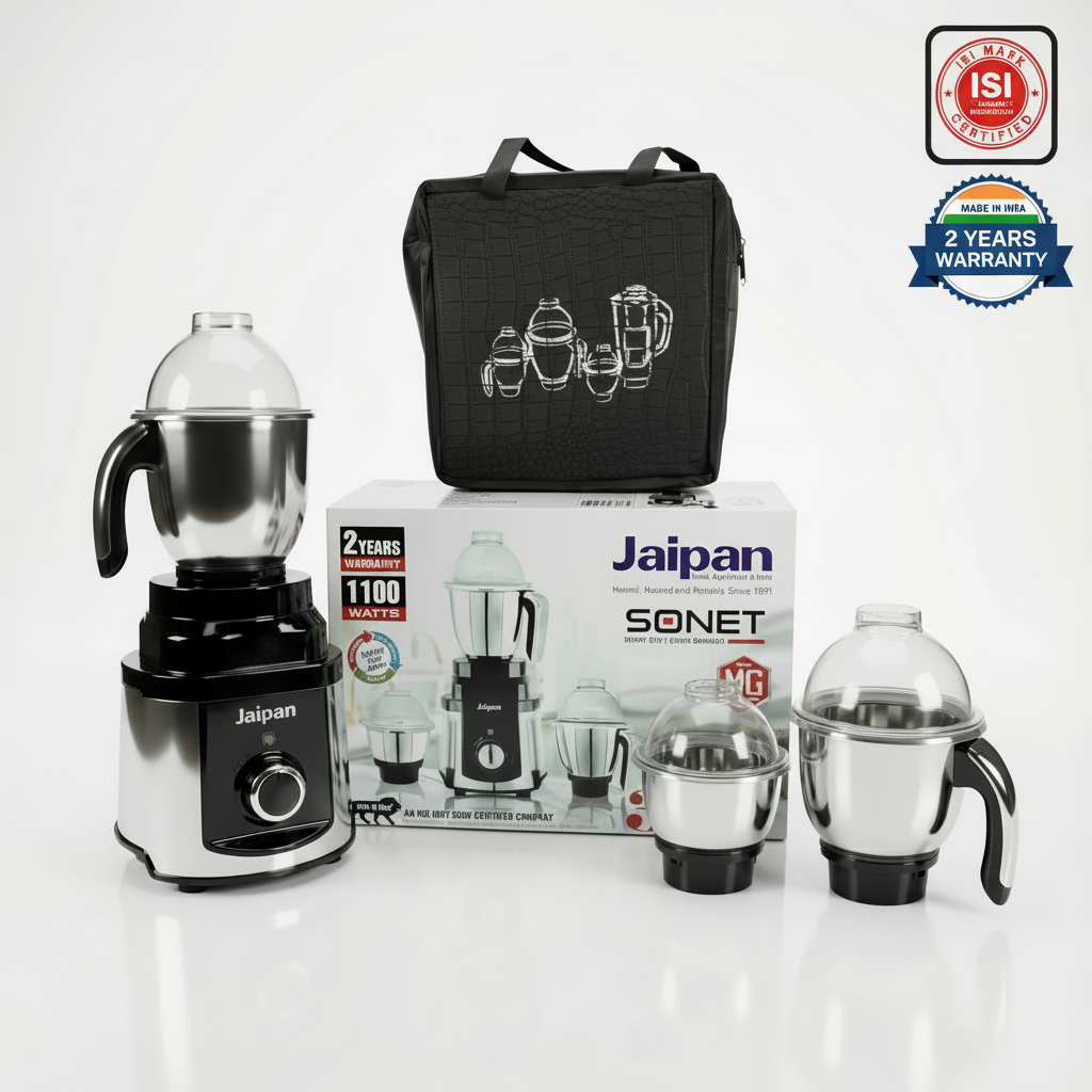 Jaipan Sonet Mixer Grinder | 1100 Watt | 3 Stainless Steel Jars | Heavy Duty Motor | ABS Body | 2 Years Warranty | Steel Black Colour