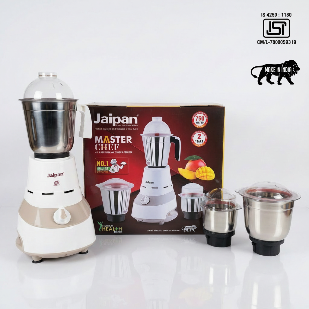 Jaipan Master Chef 750 Watts Mixer Grinder | 3 Stainless Steel Multipurpose Jars | ABS Body | Dual Tone colour | 24 months warrenty