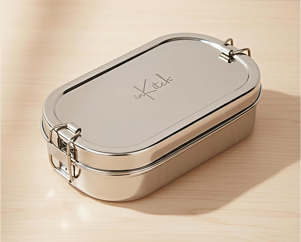 inkitch Lunch Box with Inner & Box and Locking Clip | Stainless Steel Rectangle | 750ml