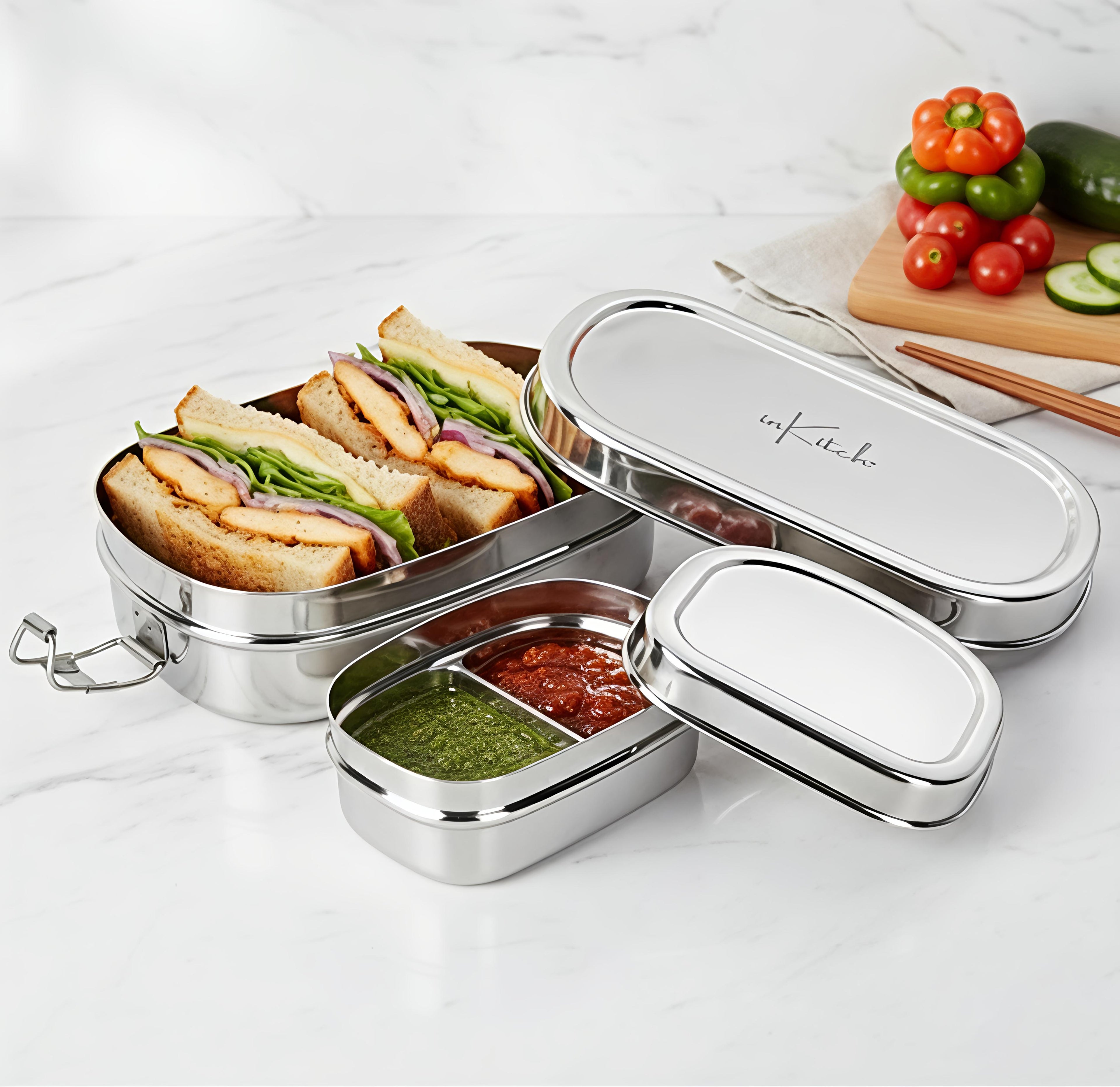 inkitch Lunch Box with Inner & Box and Locking Clip | Stainless Steel Rectangle | 750ml