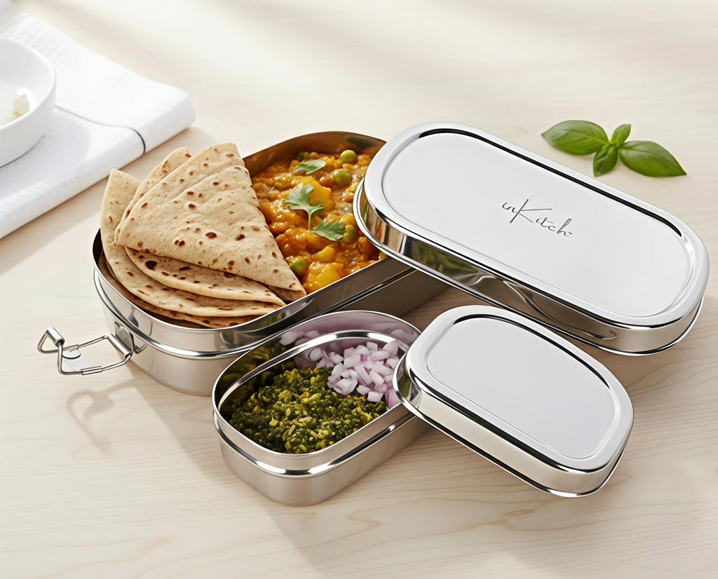 inkitch Lunch Box with Inner & Box and Locking Clip | Stainless Steel Rectangle | 750ml
